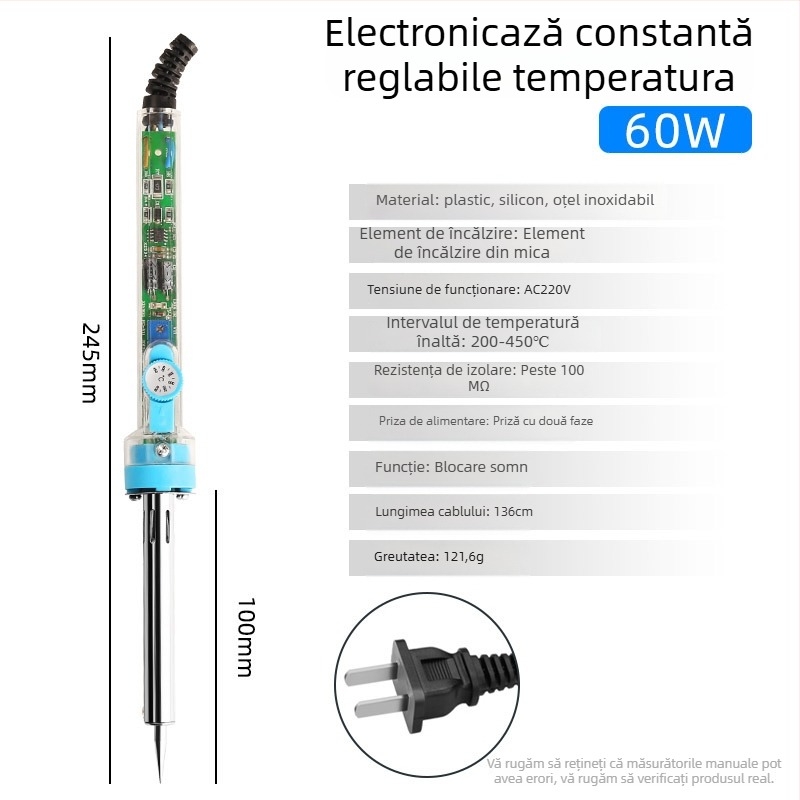 Pistol de lipit electric cu vârf de cupru, temperatură reglabilă 200–450°C, 220V, lungime 235 mm, putere 30–300W