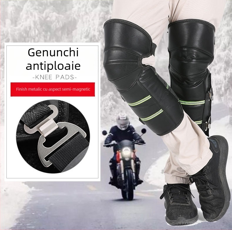 Genunchiere din piele, căptușite cu fleece, groase, rezistente la vânt și frig, pentru mers cu motocicleta și bicicletă electrică (adulți, unisex)