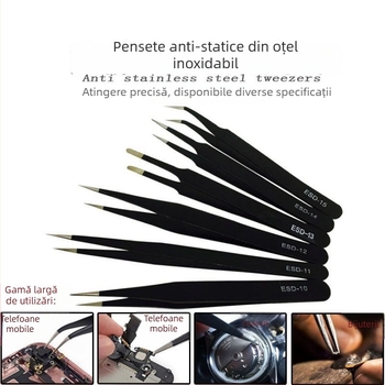 Pensete anti-statice din oțel inoxidabil, vârf de precizie în formă de cot, vârf din oțel cu carbon înalt pentru sudarea componentelor electronice
