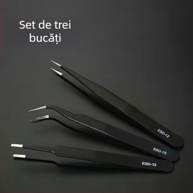 Pensete anti-statice din oțel inoxidabil, vârf de precizie în formă de cot, vârf din oțel cu carbon înalt pentru sudarea componentelor electronice