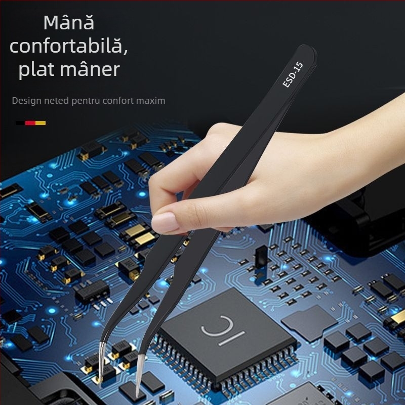 Pensete anti-statice din oțel inoxidabil, vârf de precizie în formă de cot, vârf din oțel cu carbon înalt pentru sudarea componentelor electronice