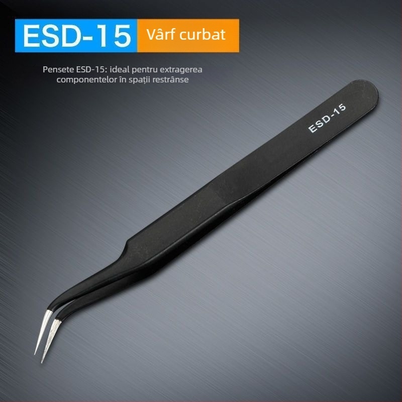 Pensete anti-statice din oțel inoxidabil, vârf de precizie în formă de cot, vârf din oțel cu carbon înalt pentru sudarea componentelor electronice