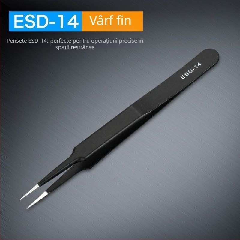 Pensete anti-statice din oțel inoxidabil, vârf de precizie în formă de cot, vârf din oțel cu carbon înalt pentru sudarea componentelor electronice