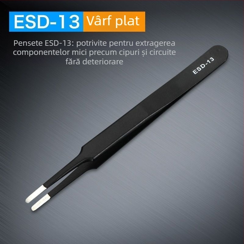 Pensete anti-statice din oțel inoxidabil, vârf de precizie în formă de cot, vârf din oțel cu carbon înalt pentru sudarea componentelor electronice