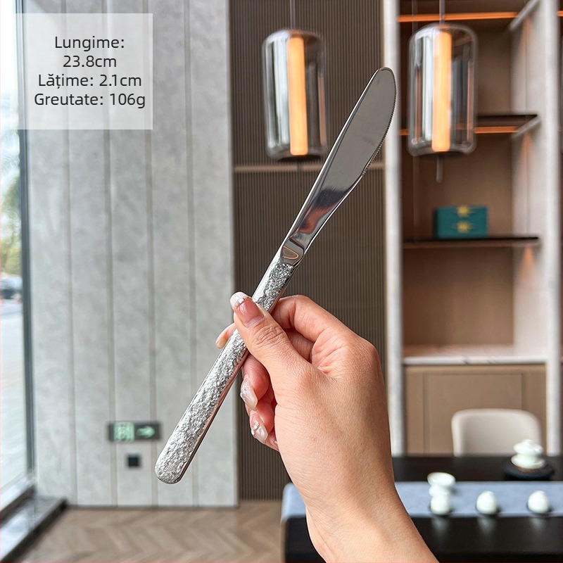 Set tacâmuri din oțel inoxidabil 304 cu textură de piatră – cuțit, furculiță, lingură, lingură de desert, finisaj oglindă, personalizare logo disponibil
