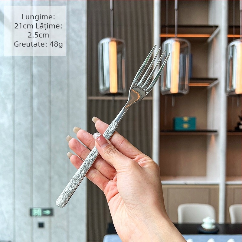 Set tacâmuri din oțel inoxidabil 304 cu textură de piatră – cuțit, furculiță, lingură, lingură de desert, finisaj oglindă, personalizare logo disponibil