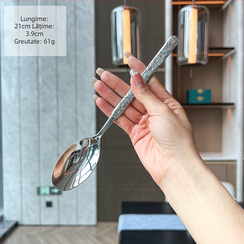 Set tacâmuri din oțel inoxidabil 304 cu textură de piatră – cuțit, furculiță, lingură, lingură de desert, finisaj oglindă, personalizare logo disponibil
