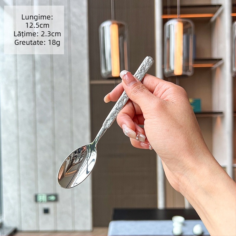 Set tacâmuri din oțel inoxidabil 304 cu textură de piatră – cuțit, furculiță, lingură, lingură de desert, finisaj oglindă, personalizare logo disponibil