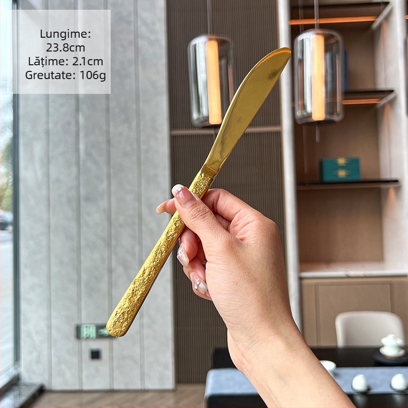 Set tacâmuri din oțel inoxidabil 304 cu textură de piatră – cuțit, furculiță, lingură, lingură de desert, finisaj oglindă, personalizare logo disponibil