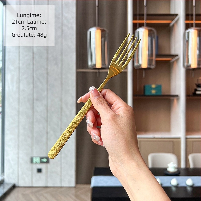 Set tacâmuri din oțel inoxidabil 304 cu textură de piatră – cuțit, furculiță, lingură, lingură de desert, finisaj oglindă, personalizare logo disponibil