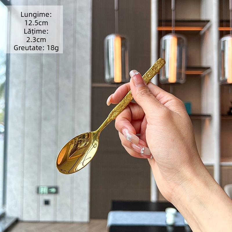 Set tacâmuri din oțel inoxidabil 304 cu textură de piatră – cuțit, furculiță, lingură, lingură de desert, finisaj oglindă, personalizare logo disponibil