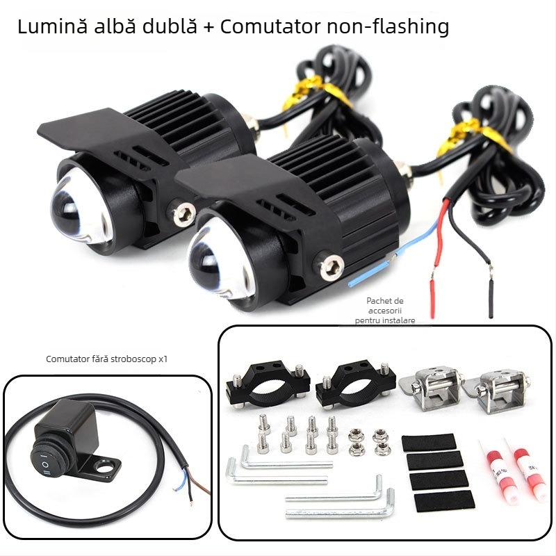 Far LED pentru motocicletă cu lentilă, corp din aluminiu, LEDuri dual-color, 18W pe lampă, 12–85V input, Model Q9