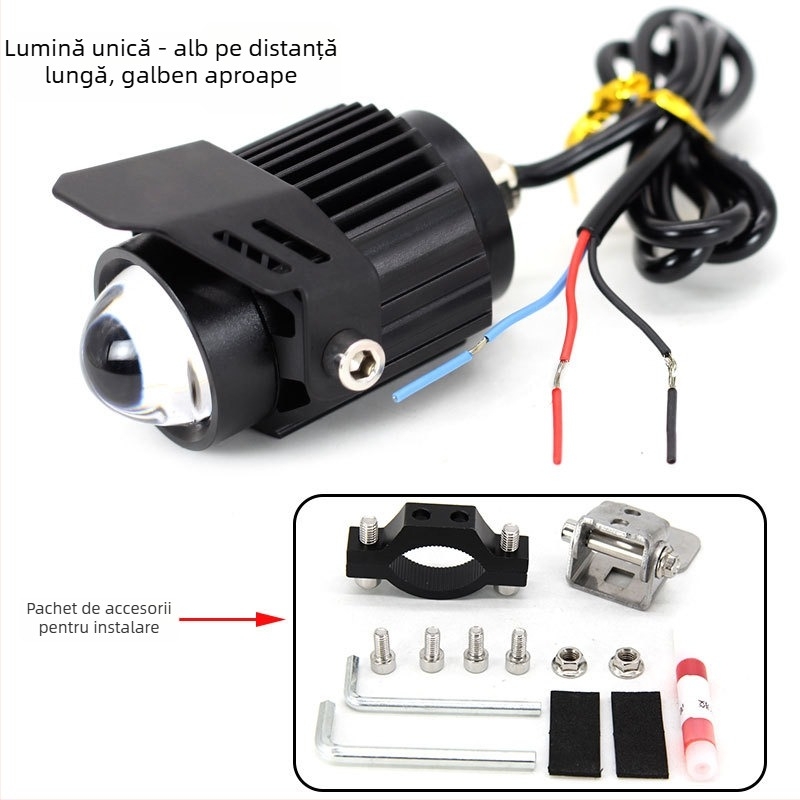 Far LED pentru motocicletă cu lentilă, corp din aluminiu, LEDuri dual-color, 18W pe lampă, 12–85V input, Model Q9