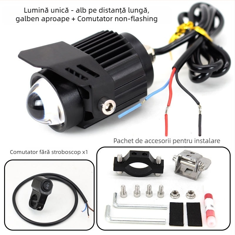 Far LED pentru motocicletă cu lentilă, corp din aluminiu, LEDuri dual-color, 18W pe lampă, 12–85V input, Model Q9