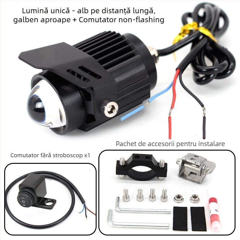 Far LED pentru motocicletă cu lentilă, corp din aluminiu, LEDuri dual-color, 18W pe lampă, 12–85V input, Model Q9