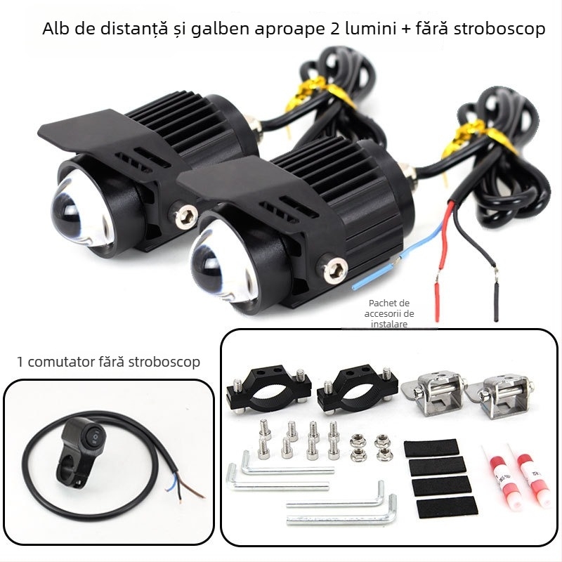 Far LED pentru motocicletă cu lentilă, corp din aluminiu, LEDuri dual-color, 18W pe lampă, 12–85V input, Model Q9