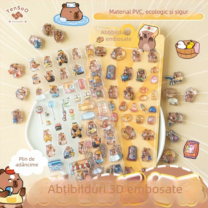 Abțibild pentru telefon 3D relief Capybara – desen animat, lucrat manual; Materiale: hârtie + PVC autoadeziv + rășină epoxidică; Greutate: 23 g; Brand: Zero Alliance