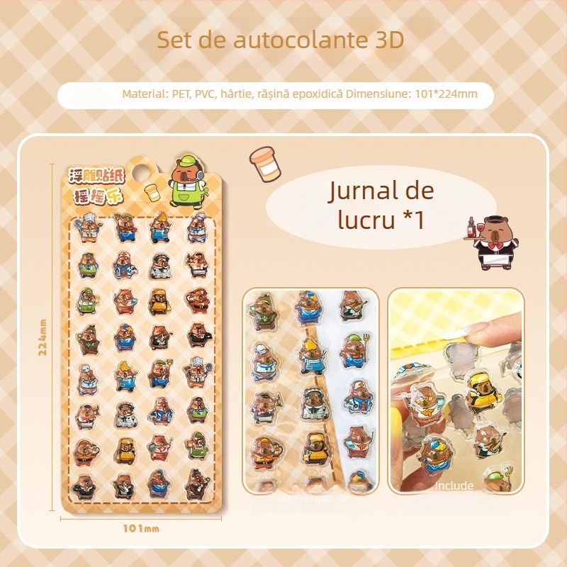 Abțibild pentru telefon 3D relief Capybara – desen animat, lucrat manual; Materiale: hârtie + PVC autoadeziv + rășină epoxidică; Greutate: 23 g; Brand: Zero Alliance