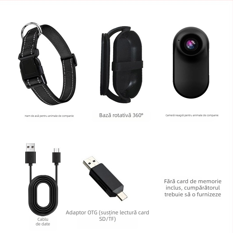 Cameră pentru animale de companie pentru zgardă - video 1080P/720P, senzor CMOS, ecran LCD 0,96 inch, stocare MicroSD, stabilizare electronică a imaginii