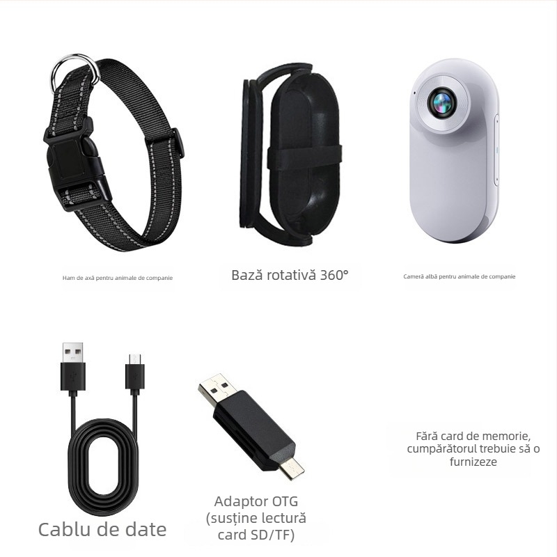 Cameră pentru animale de companie pentru zgardă - video 1080P/720P, senzor CMOS, ecran LCD 0,96 inch, stocare MicroSD, stabilizare electronică a imaginii