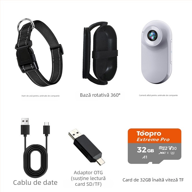 Cameră pentru animale de companie pentru zgardă - video 1080P/720P, senzor CMOS, ecran LCD 0,96 inch, stocare MicroSD, stabilizare electronică a imaginii