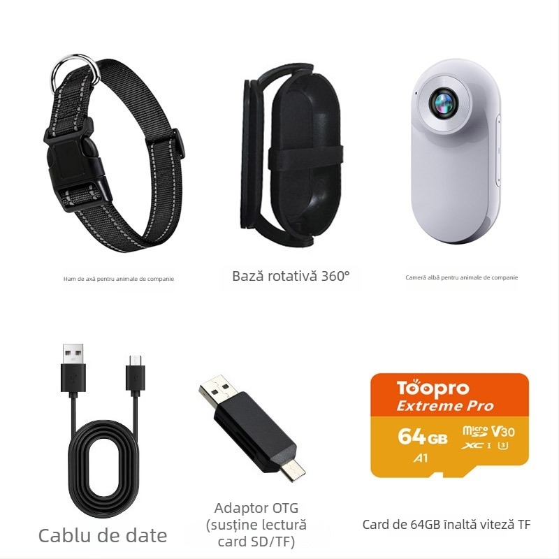 Cameră pentru animale de companie pentru zgardă - video 1080P/720P, senzor CMOS, ecran LCD 0,96 inch, stocare MicroSD, stabilizare electronică a imaginii