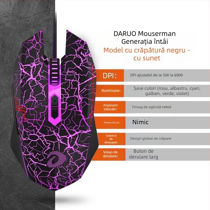 Mouse optic cu fir pentru gaming – 6 niveluri DPI, 4000 DPI, 8 butoane, USB, ergonomic
