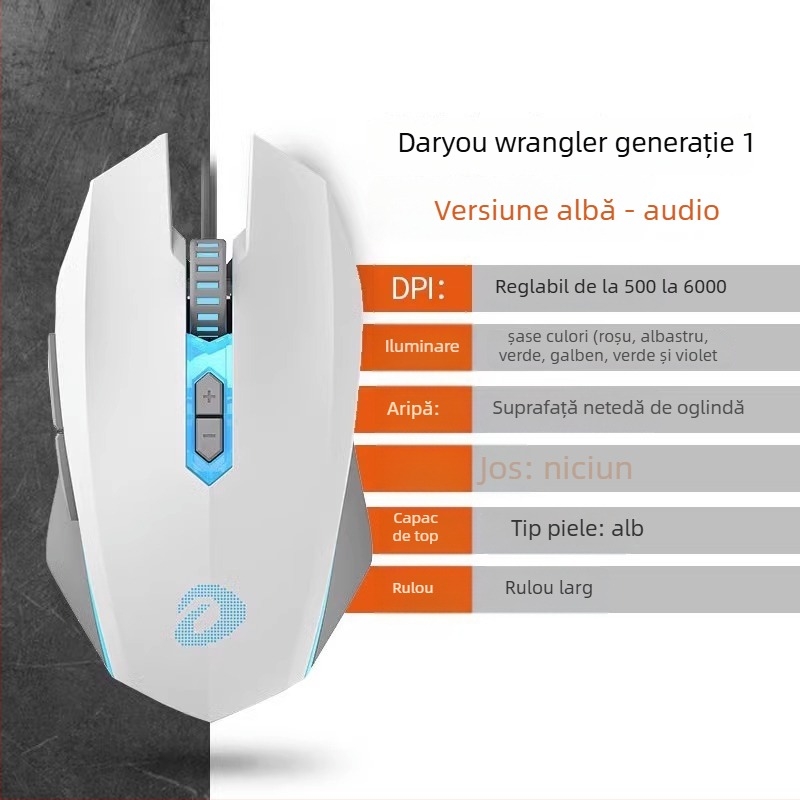 Mouse optic cu fir pentru gaming – 6 niveluri DPI, 4000 DPI, 8 butoane, USB, ergonomic