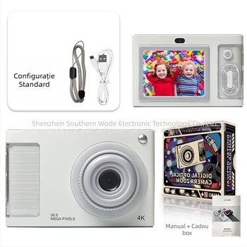 4K Cameră pentru copii cu cameră duală frontală și spate, senzor CMOS 24 MP, zoom optic 4x, ecran LCD 2,4 inch