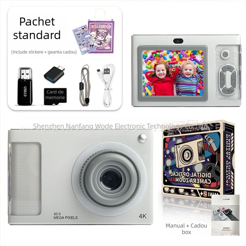 4K Cameră pentru copii cu cameră duală frontală și spate, senzor CMOS 24 MP, zoom optic 4x, ecran LCD 2,4 inch