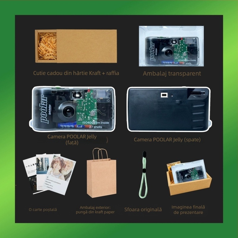 Poolar Jelly cameră foto de unică folosință, cu zoom optic 3x, senzor CCD, zoom digital 8x, rezoluție maximă 1080p și stocare pe card SD