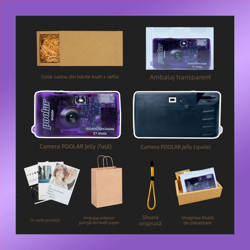 Poolar Jelly cameră foto de unică folosință, cu zoom optic 3x, senzor CCD, zoom digital 8x, rezoluție maximă 1080p și stocare pe card SD