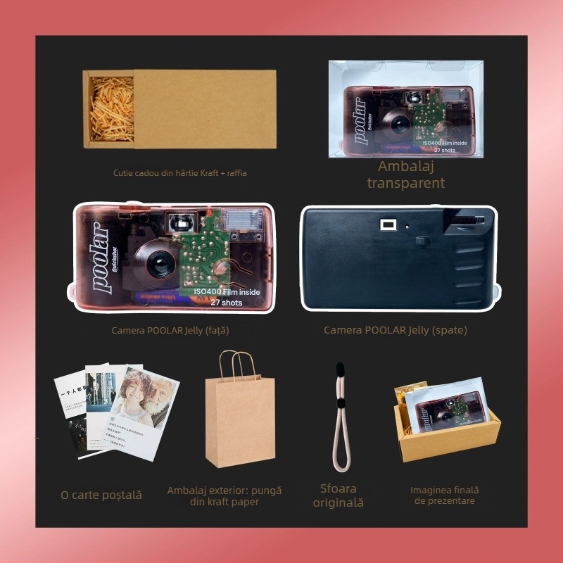 Poolar Jelly cameră foto de unică folosință, cu zoom optic 3x, senzor CCD, zoom digital 8x, rezoluție maximă 1080p și stocare pe card SD