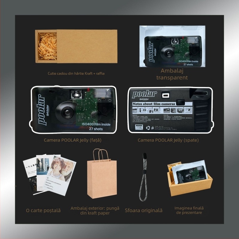 Poolar Jelly cameră foto de unică folosință, cu zoom optic 3x, senzor CCD, zoom digital 8x, rezoluție maximă 1080p și stocare pe card SD