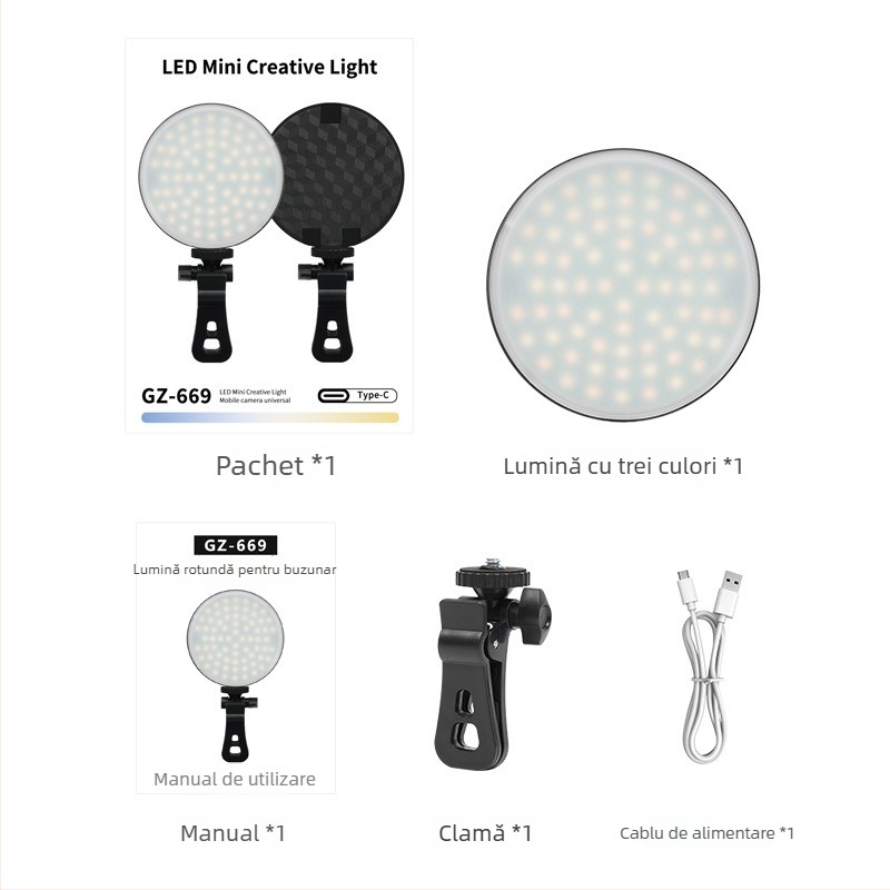 Lumină LED pentru selfie cu temperatură dublă a culorii, pentru fotografie, video și conferințe — portabilă, sub 10W, model GZ-669