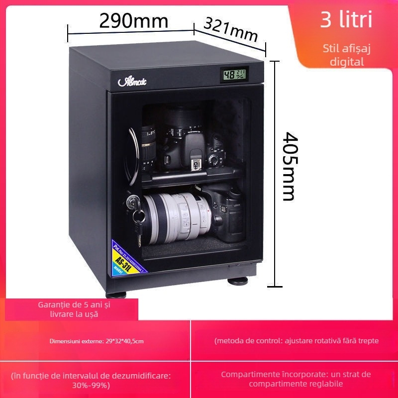 Cutie electronică anti-umezeală pentru obiective DSLR și timbre — dulap de uscare și dezumidificare