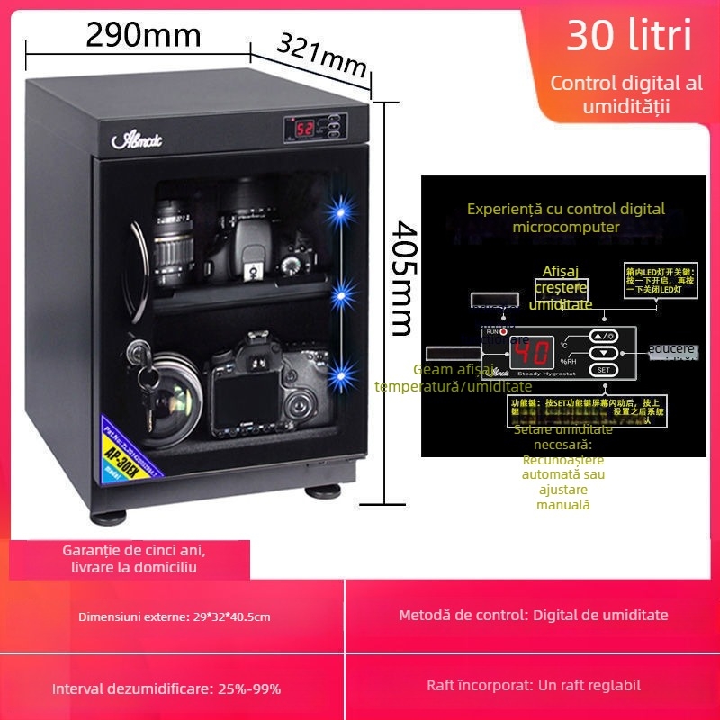 Cutie electronică anti-umezeală pentru obiective DSLR și timbre — dulap de uscare și dezumidificare