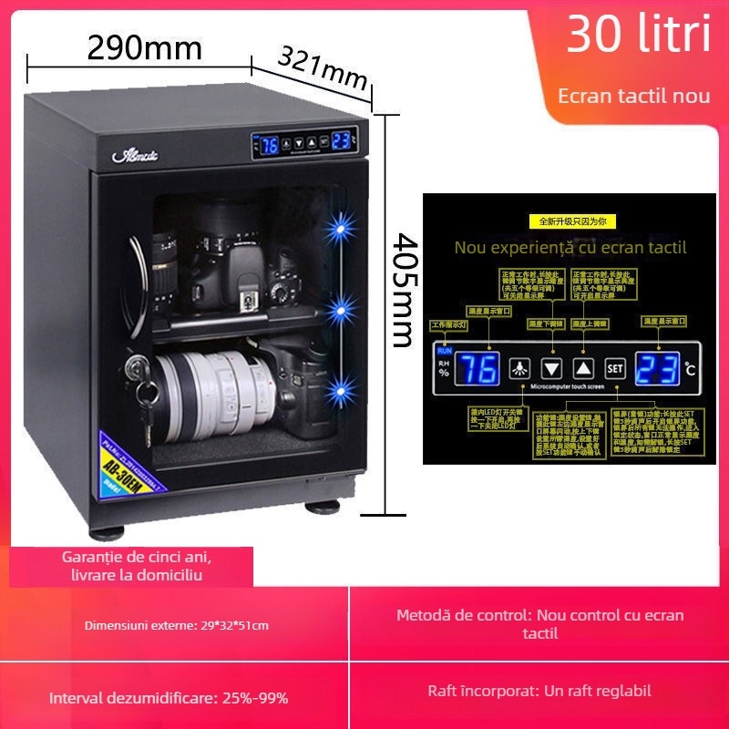 Cutie electronică anti-umezeală pentru obiective DSLR și timbre — dulap de uscare și dezumidificare