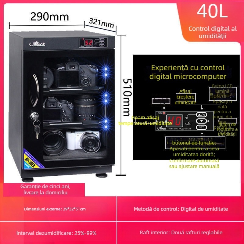 Cutie electronică anti-umezeală pentru obiective DSLR și timbre — dulap de uscare și dezumidificare
