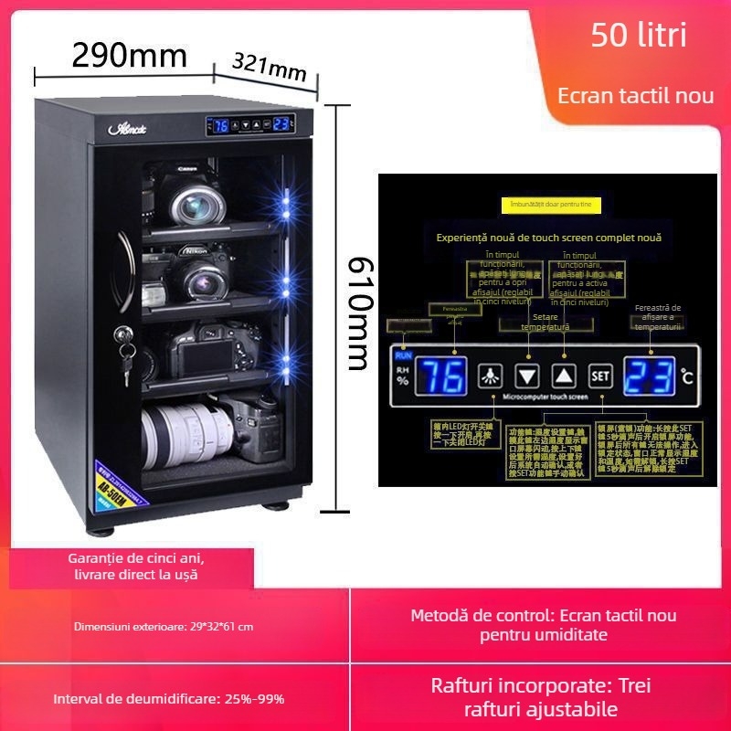 Cutie electronică anti-umezeală pentru obiective DSLR și timbre — dulap de uscare și dezumidificare