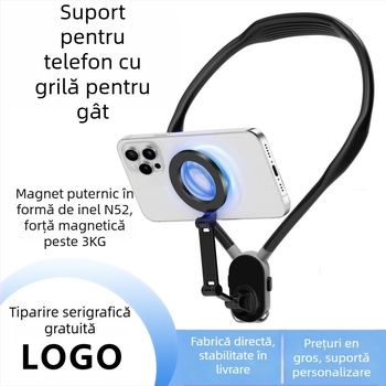 Suport magnetic pentru telefon purtat la gât, pentru perspectivă din prima persoană la nivelul pieptului, stabilizare antișoc, construcție din silicon/aliaj/plastic, pentru camere de pescuit și sportive