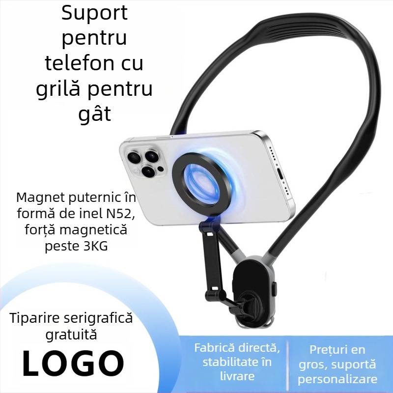 Suport magnetic pentru telefon purtat la gât, pentru perspectivă din prima persoană la nivelul pieptului, stabilizare antișoc, construcție din silicon/aliaj/plastic, pentru camere de pescuit și sportive