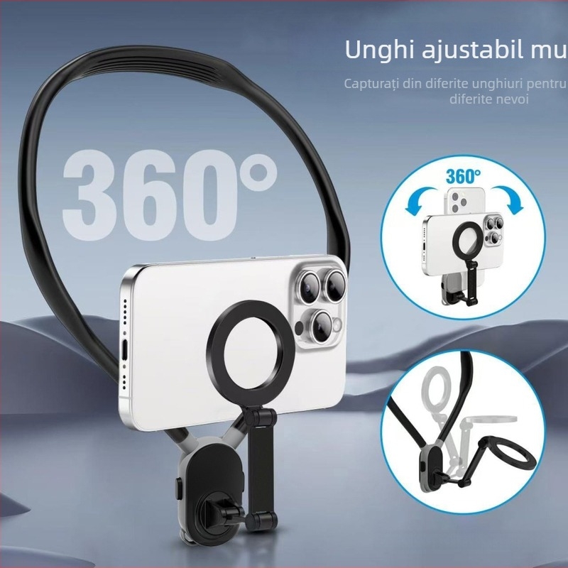 Suport magnetic pentru telefon purtat la gât, pentru perspectivă din prima persoană la nivelul pieptului, stabilizare antișoc, construcție din silicon/aliaj/plastic, pentru camere de pescuit și sportive