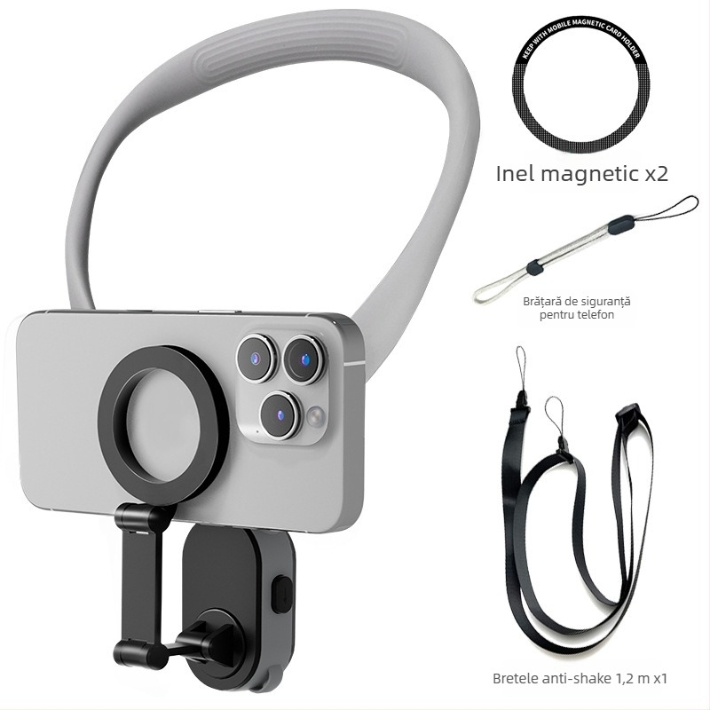 Suport magnetic pentru telefon purtat la gât, pentru perspectivă din prima persoană la nivelul pieptului, stabilizare antișoc, construcție din silicon/aliaj/plastic, pentru camere de pescuit și sportive