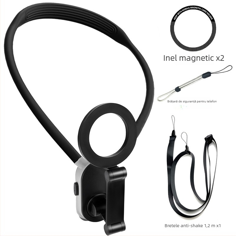 Suport magnetic pentru telefon purtat la gât, pentru perspectivă din prima persoană la nivelul pieptului, stabilizare antișoc, construcție din silicon/aliaj/plastic, pentru camere de pescuit și sportive
