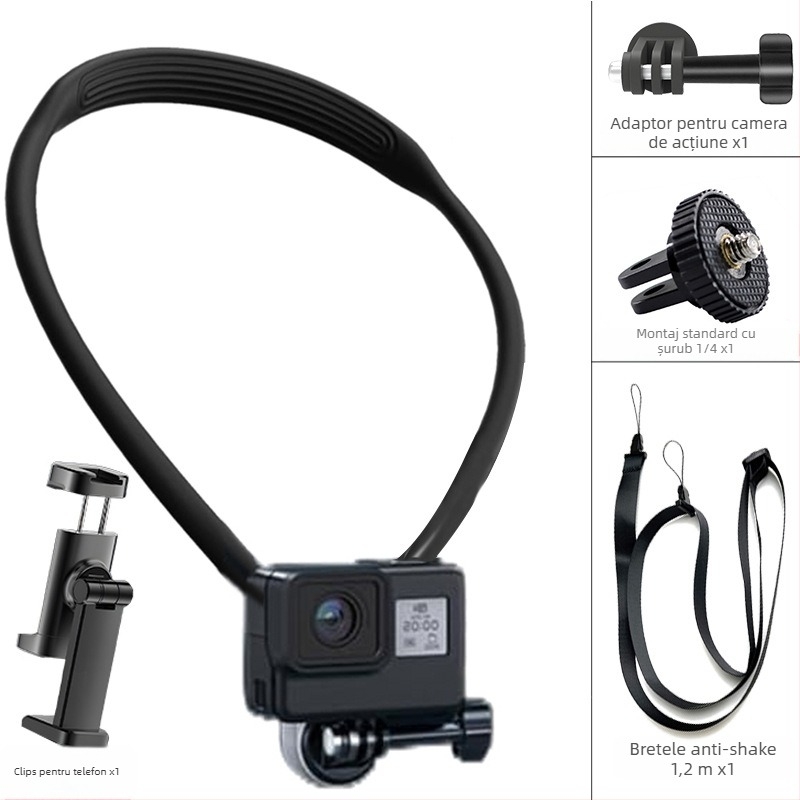 Suport magnetic pentru telefon purtat la gât, pentru perspectivă din prima persoană la nivelul pieptului, stabilizare antișoc, construcție din silicon/aliaj/plastic, pentru camere de pescuit și sportive