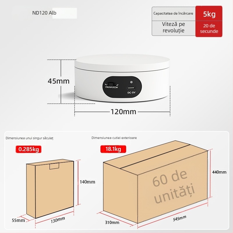 Turntable king Platformă fotografică rotativă electrică ND120 – Carcasă din plastic, capacitate de încărcare 2–5 kg, pentru filmări și prezentări