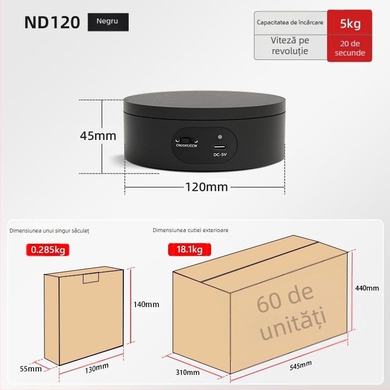 Turntable king Platformă fotografică rotativă electrică ND120 – Carcasă din plastic, capacitate de încărcare 2–5 kg, pentru filmări și prezentări