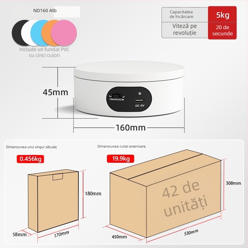 Turntable king Platformă fotografică rotativă electrică ND120 – Carcasă din plastic, capacitate de încărcare 2–5 kg, pentru filmări și prezentări