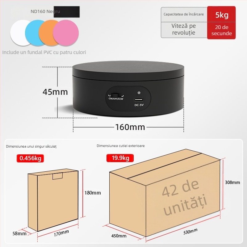 Turntable king Platformă fotografică rotativă electrică ND120 – Carcasă din plastic, capacitate de încărcare 2–5 kg, pentru filmări și prezentări
